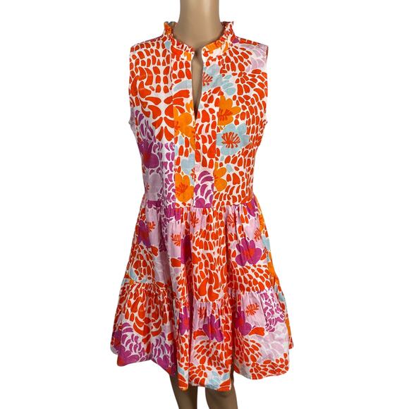 NWT Oliphant Yoke Antigua Orange Floral Tiered Swing Mini Dress SZ S - Picture 2 of 9